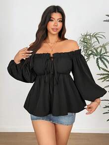 Vionelle Plus Size Sexy Off-Shoulder Bow Blouse - Black - View 1