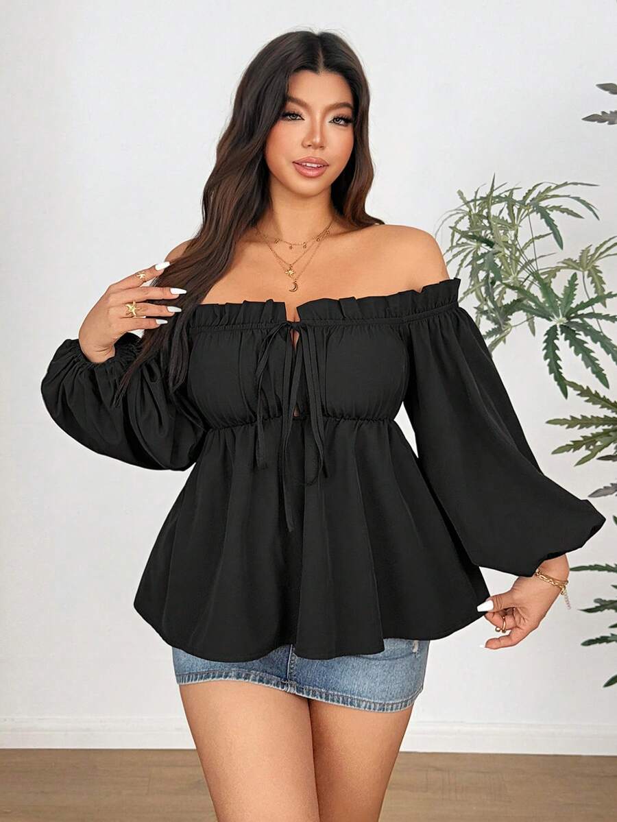 Vionelle Plus Size Sexy Off-Shoulder Bow Blouse - Black - View 1