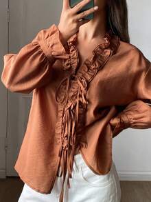 DAZY Women's Solid Color Loose Tie Drawstring Ruffle V-Neck Elegant Vacation Blouse, Spring/Autumn - Brown - View 3