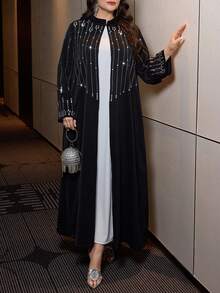 Al Najma Áo Abaya dài tay, dáng suông, đính đá lấp lánh, cỡ lớn dành cho nữ, thích hợp cho các dịp trang trọng. - màu đen - Xem 2