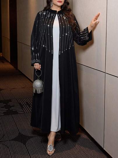 Al Najma Plus Size Women's Rhinestone Embellished Open Front Long Sleeve Elegant Abaya Robe For Formal Occasions