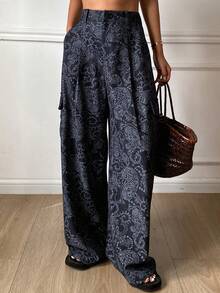 DAZY 女士宽松休闲阔腿裤，带口袋，腰果花印花，适合春秋季度假穿着 - 藏蓝色 - 查看 5