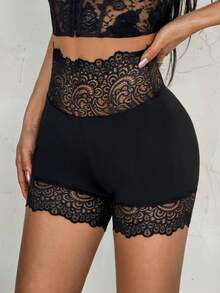 SHEIN PETITE Quần short biker cạp cao phối ren tương phản màu đen. - màu đen - Xem 1