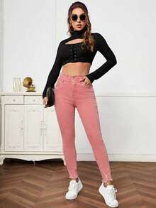 EMERY ROSE Women's Fashion Casual Washed Distressed Frayed Hem Skinny Jeans - Pink - View 5