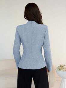 NOVVYNE 女士优雅灰色长袖A字褶皱衬衫，收腰设计，披肩领，秋季款 - 藍色 - 查看 2