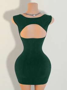Mistrie Fashionable Sexy Solid Color Hollow Out Bodycon Mini Dress - Green - View 2