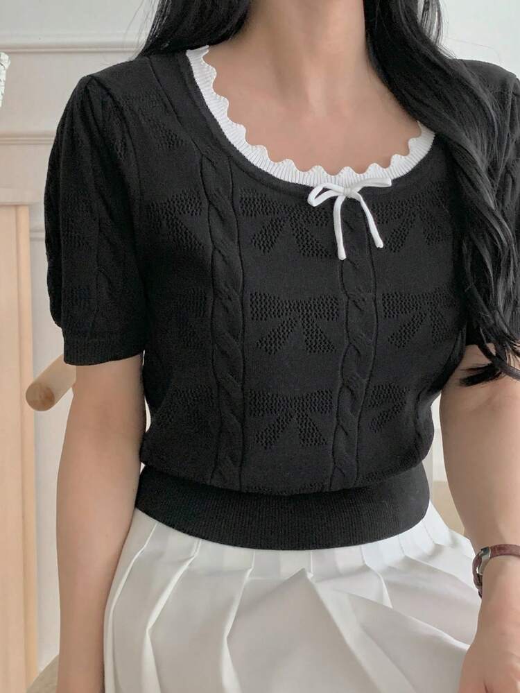 Women's Contrast Color Block Bow Collar Textured Embroidered Short Sleeve Casual Knit Top