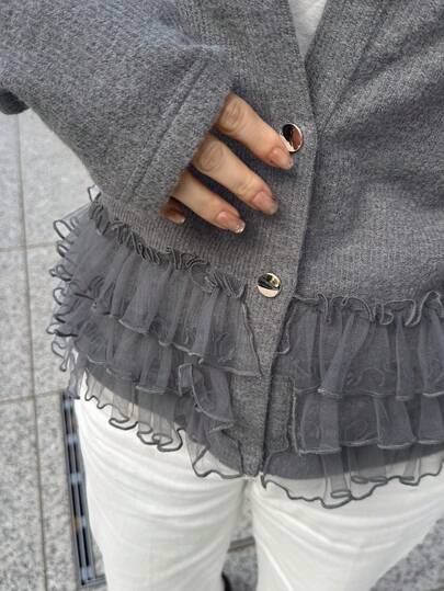 FRIFUL 女士圆领纽扣装饰喇叭袖拼接网纱宽松T恤，适合春夏季穿着