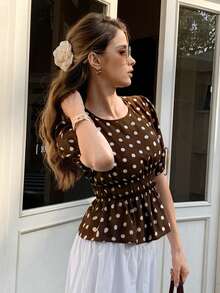 Elyressa Round Neck Raglan Sleeve Gathered Waist Ladies Woven Elegant Summer Blouse - Brown - View 3