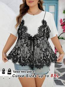 SHEIN CURVE+ 加大码/情人节/大码女式休闲优雅蕾丝拼接圆领短袖T恤，二合一上衣，情人节衬衫 - 黑與白 - 查看 4