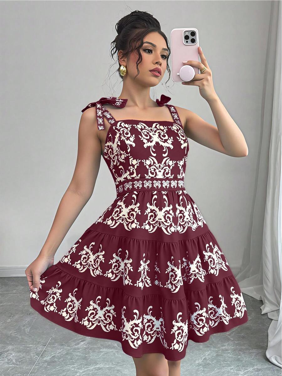 Rafferiza 复古极简刺绣系带吊带短裙 - 玫紅色 - 查看 1