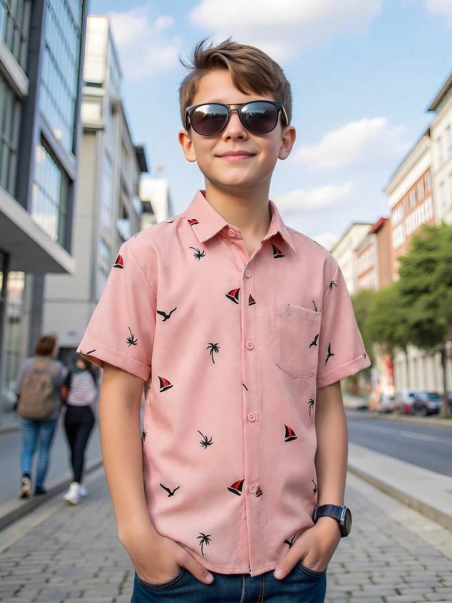 SHEIN 男童休闲棕榈树印花单排扣口袋短袖衬衫 - 杏色 - 查看 1