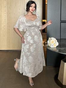 Dazy Plus Textured Fabric Square Collar Ruffle Sleeve Waist Cinched Elegant Long Dress, Spring/Summer - Grey - View 4