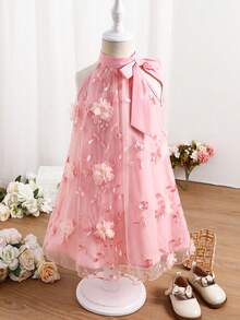 SHEIN Young Girl's Stand Collar Mesh Floral Casual Loose Halter Dress - Pink - View 7