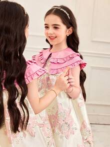SHEIN 少女撞色拼接露背立领A字连衣裙，适合家庭度假、可爱优雅时尚的派对、生日等场合，尽显公主风范，母女姐妹装也同样适用。春夏款。 - 粉色 - 查看 5