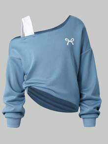 Sparklyn Áo nỉ nữ tuổi teen in nơ, kiểu dáng bất đối xứng, hở vai và vạt áo không đối xứng. - Màu xanh lam - Xem 8