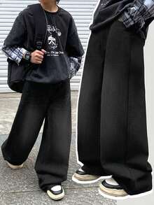 SHEIN Little Byeori Tween Boy Plain Slant Pocket Casual Versatile Wide Leg Jeans - Black - View 1