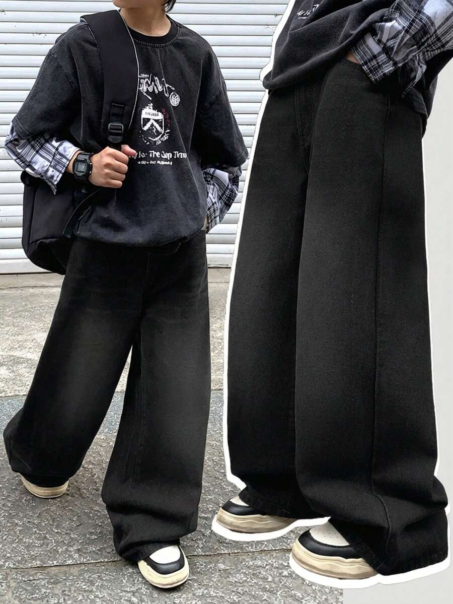 SHEIN Little Byeori Tween Boy Plain Slant Pocket Casual Versatile Wide Leg Jeans - Black - View 1