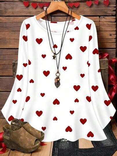 Mellowie 大码女式休闲印花圆领宽松七分袖衬衫，秋冬季