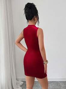 Franclia Đầm ngắn ôm sát không tay cổ sườn xám màu đỏ trơn bằng nhung dành cho nữ, kiểu Trung Quốc, đầm đỏ, đầm năm mới, đầm hẹn hò, đầm mặc hàng ngày, đầm ngày Valentine. - Màu Đỏ Sâu - Xem 2