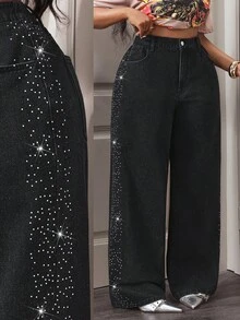 Slaydiva Quần jeans nữ cỡ lớn cạp cao có túi, đính đá, ống rộng, dáng suông, phong cách thường ngày. - màu đen - Xem 1