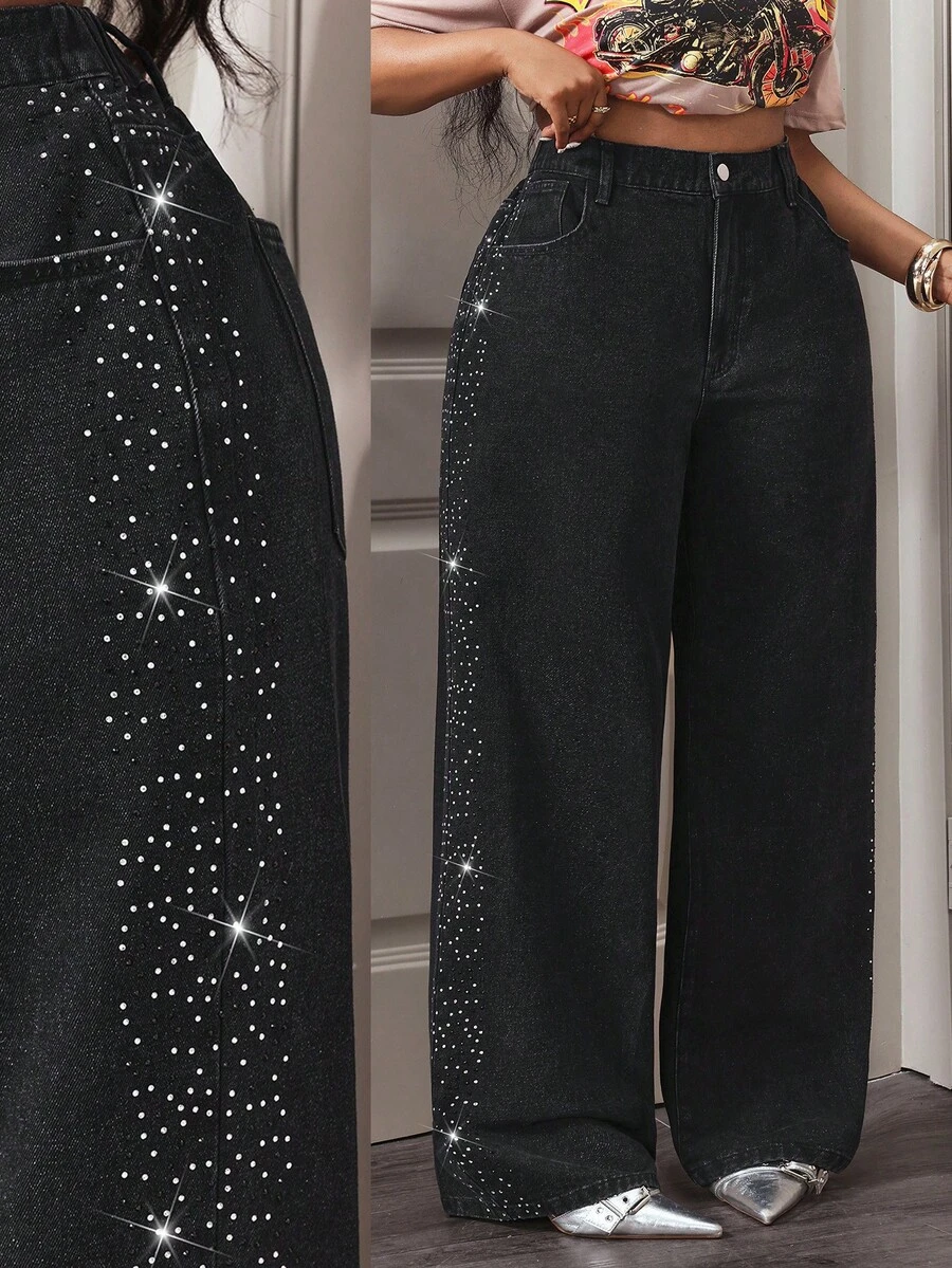 Slaydiva Quần jeans nữ cỡ lớn cạp cao có túi, đính đá, ống rộng, dáng suông, phong cách thường ngày. - màu đen - Xem 1