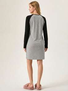 Loomlin 女士撞色长袖猫脸印花睡衣 - 灰色 - 查看 2