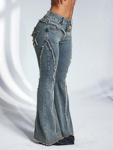 SHEIN Unity 大码女式喇叭牛仔裤，带保暖内衬，秋冬季时尚之选 - 藍色 - 查看 4