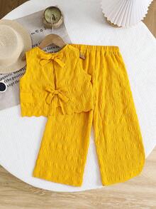 SHEIN Bộ 2 món gồm áo ba lỗ và quần dài dệt kim màu trơn dành cho bé gái, kiểu dáng thường ngày. - Màu vàng - Xem 3
