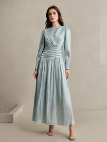 Anewsta 女士新款长袖水钻装饰优雅薄荷绿A字连衣裙，春夏款，适合情人节穿着 - 綠色 - 查看 4