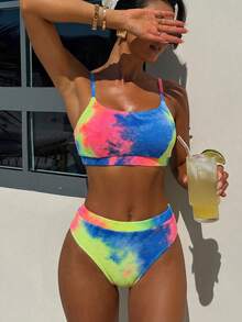 Swim SPRTY Women's Summer Beach Tie-Dye Spaghetti Strap Fashionable Bikini Swimwear Set, Carnival, Colorful Bikini Set, Rainbow Bathing Suit Tie Dye Bikini Two Pieces Set Women Multicolor Rainbow Bikini Y2k Spring To Summer Beach 2 Pieces Set - Multicolor - View 1