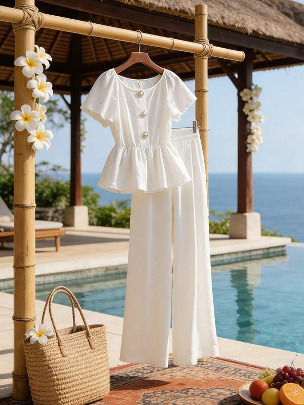 GlowEve 女士优雅荷叶边上衣和阔腿裤两件套，简约纯色，适合工作和通勤。