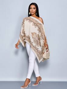 SOLERSUN 女士单肩披肩，不对称下摆，佩斯利花纹，海岛风情，音乐节，春夏衬衫。 - 杏色 - 查看 3