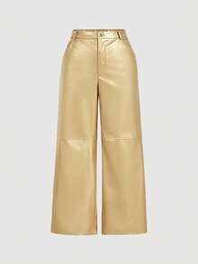 SHEIN MOD Plus Size Solid Color Patchwork Side Pocket Straight Leg Faux Leather Pants - Gold - View 1