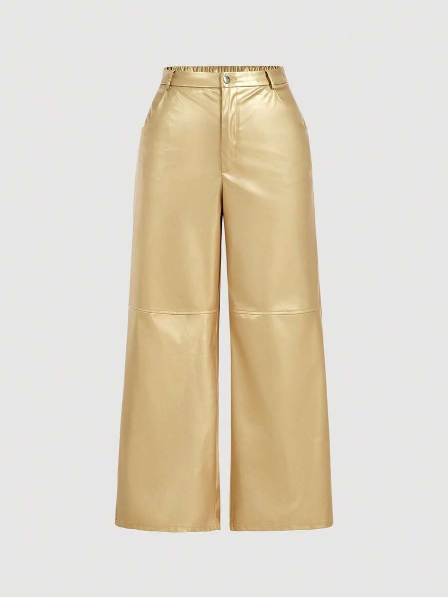 SHEIN MOD Plus Size Solid Color Patchwork Side Pocket Straight Leg Faux Leather Pants - Gold - View 1