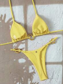 Swim Vcay Damen neue modische einfarbige Neckholder Rückenfrei Metall Dekor sexy Dreieck Bikini Set, Sommer Strand - Gelb - Übersicht 2