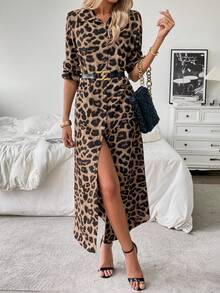 Breezaya 翻领长袖豹纹开襟长款衬衫裙女装