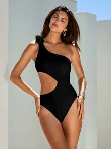Swim Chiccia Solid Color Cutout One-Piece Swimsuit For Beach Vacation One Shoulder Swimsuit Black Swimsuit Women Black One Piece - Black - View 4