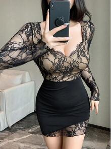 DAZY 女士修身蕾丝裹身裙，秋季连衣裙长袖连衣裙