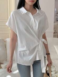 DAZY Women's Casual Collared Short Sleeve Shirt With Side Tie Knot Detail - White - View 3