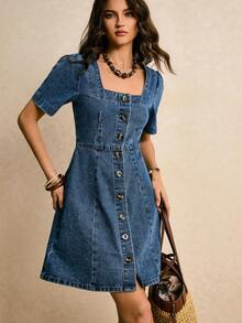 Poéselle 女士优雅法式泡泡袖收腰A字迷你连衣裙 - 中等水洗藍 - 查看 1