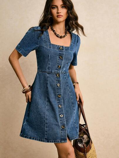 Poéselle 女士优雅法式泡泡袖收腰A字迷你连衣裙