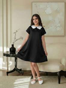 SHEIN Tween Girls Black & White Contrast Collar A-Line Dress, Cute & Sweet For Casual, Holiday, Party Wear - Black and White - View 2