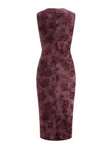 Ellevyn Elegant Sleeveless Pleated Floral Flocked Bodycon Dress - Red Violet - View 4