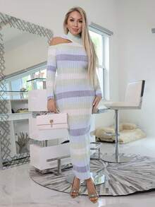 Cioccolato Elegant Ombre Off-Shoulder Midi Bodycon Dress, Autumn/Winter Fall Cloth For Women - Multicolor - View 1