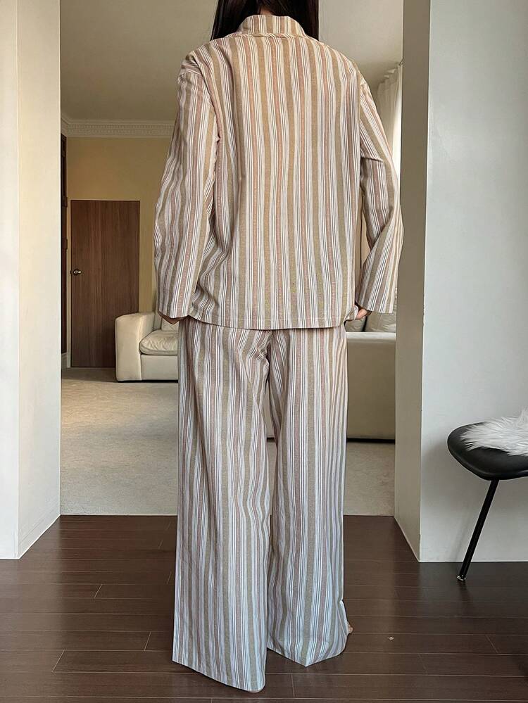 Women's Striped Print Drop Shoulder Loose Long Sleeve Shirt And Pants Pajama Set, Spring/Autumn