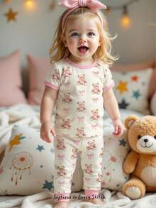 Cozy Pixies 女婴卡通熊印花针织柔软圆领长袖上衣和弹力腰带打底裤两件套睡衣 - 彩色 - 查看 1