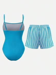 Swim Mod 蓝色条纹连体泳衣套装，优雅休闲海滩度假装，春夏款 - 藍色 - 查看 12