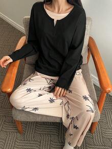 DAZY Women's Contrast Color Patchwork Knit Top & Allover Print Pajama Set - Black - View 1