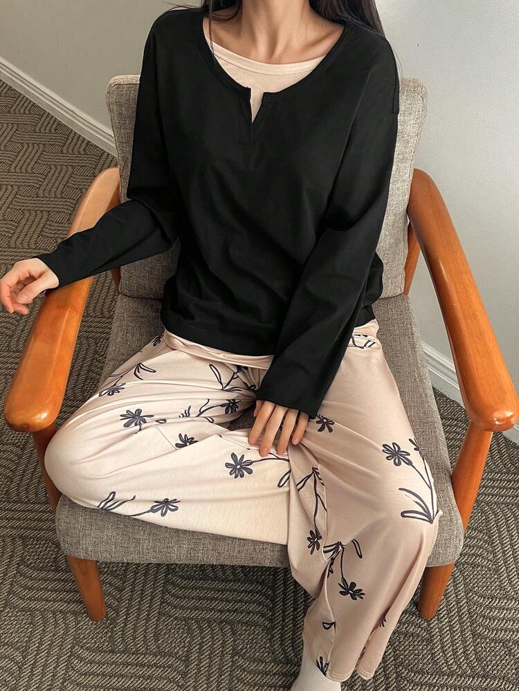 Women's Contrast Color Patchwork Knit Top & Allover Print Pajama Set